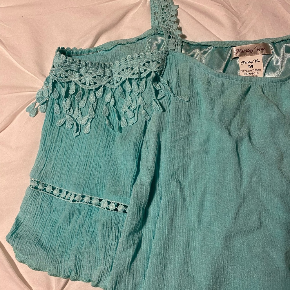 Paisley Sassy Bling Aqua Off-Shoulder Top Mom & Me Set - Picture 3 of 4